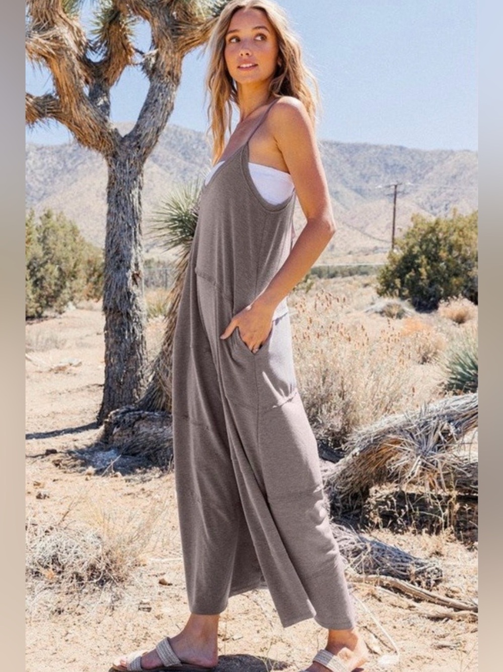 Ces Femme Gray Jumpsuit with pockets - adjustable with back ties.. one size - Picture 2 of 11